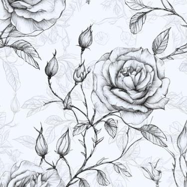 Imagem de Danodoi Papel de parede floral branco Papel de parede de vinil Papel de parede Stick and Peel Rose Line papel de contato para armários Papel de parede autoadesivo à prova d'água para parede de bancada de cozinha 44,5 cm x 299,7 cm