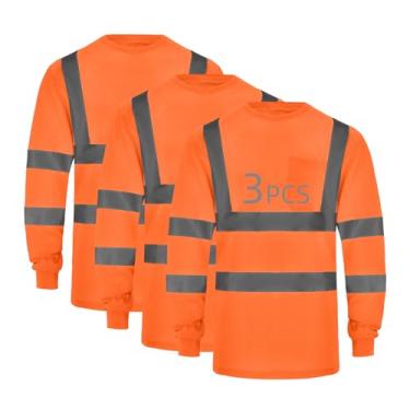 Imagem de wefeyuv Camiseta de segurança manga comprida refletiva de alta visibilidade respirável para construção de armazém de trabalho classe 3, Laranja, G