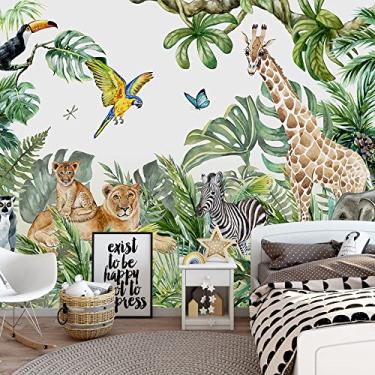 Imagem de MFWFM Papel de parede Safari para crianças com animais selva mural de parede aquarela animais papel de parede de berçário decoração de quarto infantil