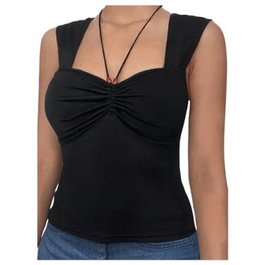 Imagem de SOLY HUX Camiseta regata feminina plus size frente única sem mangas franzida verão para sair, Preto liso, G Plus Size