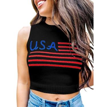 Imagem de Tankaneo Camiseta regata feminina com bandeira americana gola alta 4 de julho patriótica verão sem mangas, Preto, P