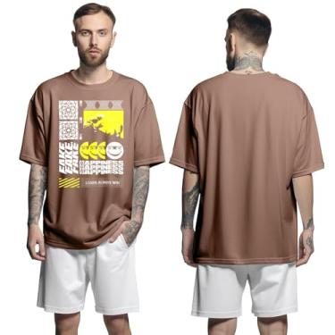 Imagem de Camisa Camiseta Oversized Streetwear Genuine Grit Masculina Larga 100% Algodão 30.1 Fake Hapiness - Marrom - G