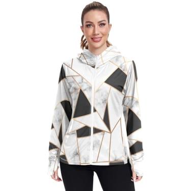 Imagem de KLL Moletom com capuz leve para mulheres, camisetas de corrida, proteção FPS 50+, moletom feminino dourado geométrico, Geométrico dourado, XXG