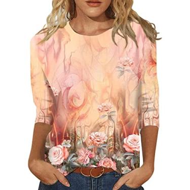 Imagem de Camisetas femininas de manga 3/4 com estampa floral vintage moda casual solta com gola redonda plus size 2024, Ofertas flash laranja, M