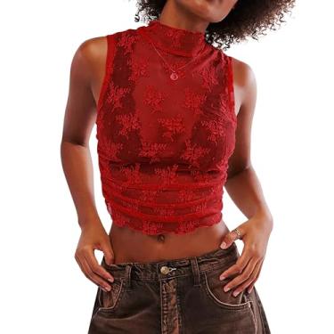 Imagem de KIGRAD Camiseta feminina sexy de malha floral de renda para clubes com camadas transparentes, gola redonda, sem mangas, cropped, Vermelho, P