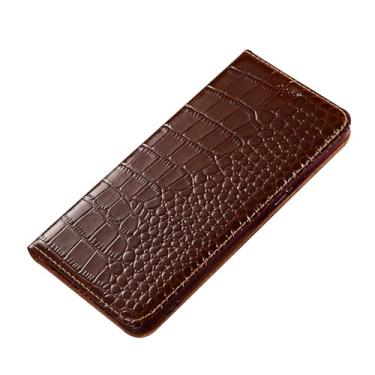 Imagem de HAO RIYLN Capa carteira de couro para iPhone 16 Pro Max/16 Pro/16 Plus/16, padrão clássico de crocodilo, capa flip de couro real com suporte para cartão, marrom, 16 Pro