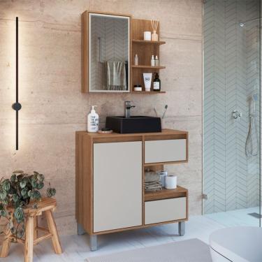 Imagem de Conjunto de Gabinete com Cuba Preta e Armário de Banheiro com Espelho Paula 2 PT 2 GV Mel e Arenas