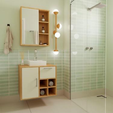 Imagem de Conjunto de Gabinete com Cuba Branca e Armário de Banheiro com Espelho Eduarda 2 PT 1 GV Mel e Arenas