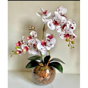 Imagem de Arranjo de Flor Artificial Orquídea dupla Silicone  em Vaso Terrário d