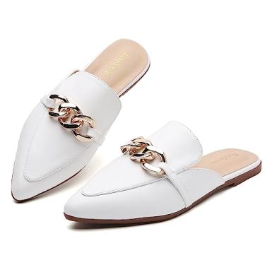 Imagem de EasySmile Mules planas para decoração de corrente de metal para mulheres, bico fino, fechado, mocassins sem cadarço, sem costas nuas, sapatos mules, Corrente de metal branca, 36