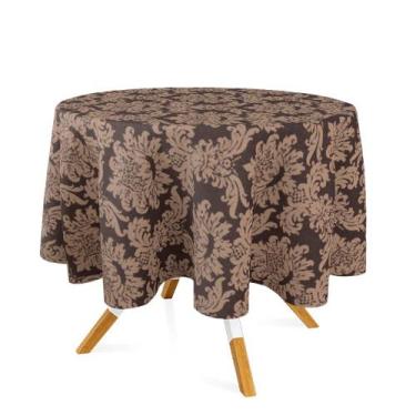 Imagem de Toalha de Mesa Redonda em Tecido Jacquard Marrom e Bege Medalhão Tradi