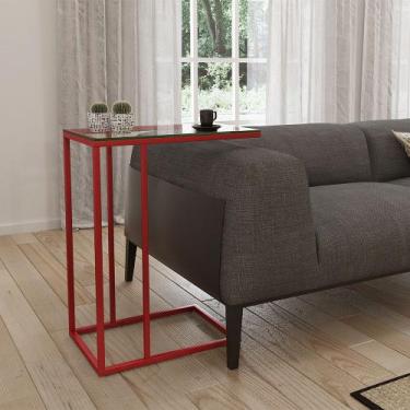 Imagem de Mesa Lateral Industrial Elena de Vidro Base Ferro Vermelho - NEW GREEN