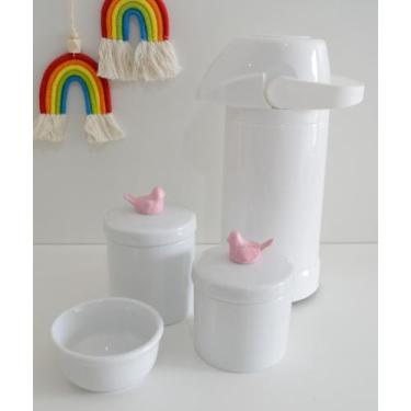 Imagem de kit Higiene Bebê Potes K022 Rosa Cotonete Algodão Limpeza Porcelana Mu