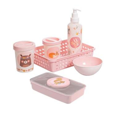 Imagem de Kit Higiene Infantil 6 Peças Porta Lenço Umedecido Cotonete Cesto Bebê Uso Diário (Rosa Bichinhos)