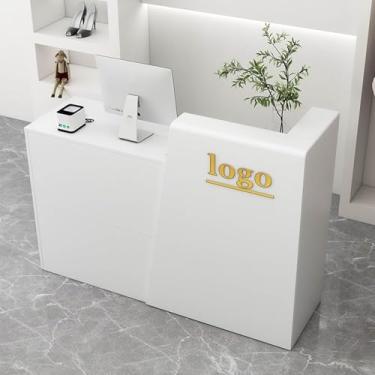 Imagem de Recepção de recepção em forma de L, balcão moderno de caixa de varejo pequeno com gaveta e armário de armazenamento, estação de trabalho de computador para salão, saguão, escritório, para loja de