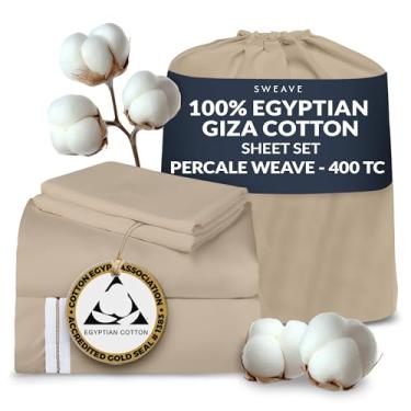 Imagem de Sweave Lençóis de percal 100% algodão egípcio California King - 400 fios genuínos luxuosos - Naturalmente crocante, respirável, amigo da pele e refrescantes - mais macios após cada lavagem -