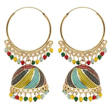 Imagem de I Jewels Brincos de casamento indiano banhados a ouro Bollywood Multicolor Meenakari Jhumka para mulheres (E3307Mul), Free Size, Sem pedra preciosa