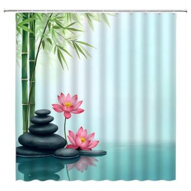 Imagem de AEMBEE Cortina de chuveiro spa bambu lírio de água preta massagem pedra primavera relaxamento tecido tropical cortinas decorativas de banheiro com ganchos, azul verde