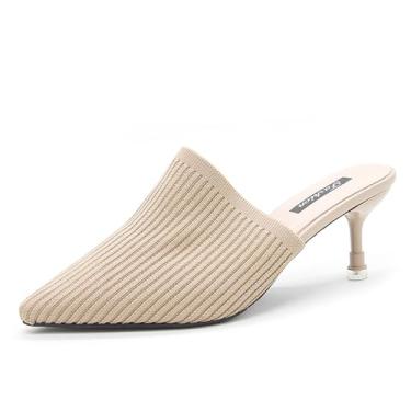 Imagem de EGEBS Sandálias femininas de malha fechada bico fino salto gatinho mules moda respirável malha slip-on stiletto sandálias para festa baile encontro elegante slides, Damasco, 38