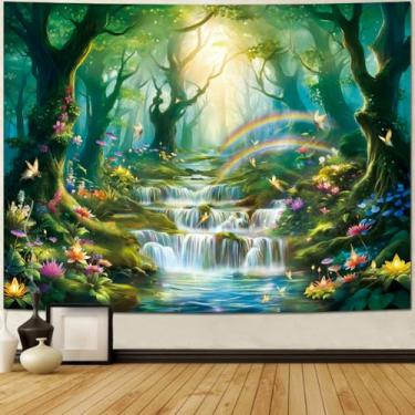 Imagem de Heynvioo Tapeçaria de paisagem de fantasia tapeçaria de árvore florestal planta colorida natureza tapeçarias verdes cachoeira mágica tapeçarias estéticas decoração de parede para casa