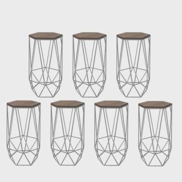 Imagem de Kit 07 Banqueta Alta Liz Hexágono Industrial Para Cozinha Ferro Cinza mdf Imbuia - Ahz Móveis