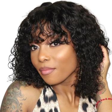 Imagem de Peruca cabelo 100% natural Cacheada Natural com Franja, Cabelo Humano Preto, Cap Elástica Ajustável com Pentes, Wig Nacional