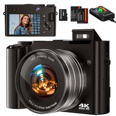 Imagem de Câmera digital, câmera vlogging de 64 MP com cartão de memória 32G, câmeras duplas frontais e traseiras, câmeras 4K com zoom digital de 16X para iniciantes (carvão)