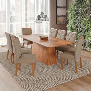 Imagem de Conjunto de Mesa Retangular com Tampo de MDF Cinamomo Helena e 8 Cadeiras Fernanda Linho Bege e Madeira