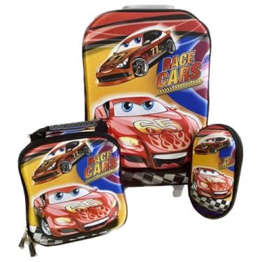 Imagem de Kit De Mochila Escolar 3D Com Radinhas Triplas Infantil Masculina Dos Carros Acompanha Lancheira e Estojo