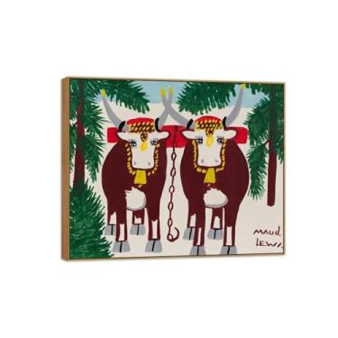 Imagem de Maud Lewis Famosa Pintura-Impressões em Tela Reprodução-Quadro Sala de Estar(Oxen in Winter) 30x35cm-12x14in Moldura de Wooden