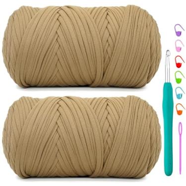 Imagem de Pacote com 2 camisetas de crochê para crochê, marrom cáqui, tecido elástico macio, grosso, fio de crochê para crochê, tricô iniciante, bolsa de tricô à mão/artesanato faça você mesmo/decoração de casa