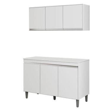 Imagem de Balcão De Cozinha Manu Com Tampo 120 Cm E Armário Aéreo Andréia Branco Brilho - Ajl