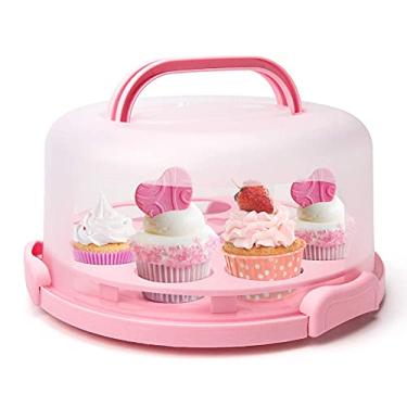 Imagem de Suporte de bolo com alça para porta-cupcakes 25,4 cm, recipiente redondo para 25,4 cm ou menos tamanho (cor rosa)