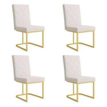 Imagem de Kit 04 Cadeiras de Jantar Estofada Siena Linho Base de Ferro Dourada - Pallazio