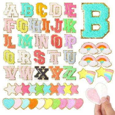Imagem de Funcolor Remendos de letras de chenille para mochilas: 78 peças autoadesivo colorido vasity letras do alfabeto remendo para artesanato DIY - Preppy Star Heart Rainbow Stick on Patches para roupas