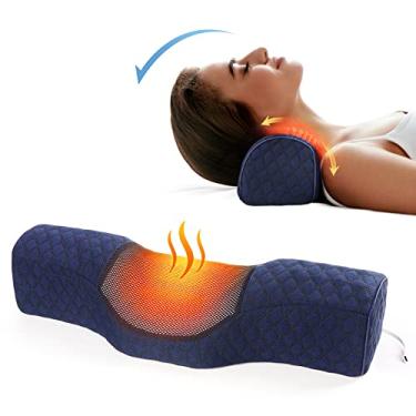 Imagem de Travesseiros de pescoço para alívio da dor para dormir, almofada cervical de espuma viscoelástica aquecida para cama com aquecimento de grafeno USB para alívio da dor no pescoço (azul escuro)