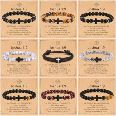 Imagem de CASDAN 9 pulseiras de cruz para homens 8 mm pulseira de cruz cristã de Páscoa com contas inspiradoras baseadas em fé religiosa Jesus pulseiras presentes, Elasticity, Pedra, Sem Pedra Preciosa