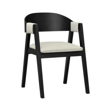 Imagem de Cadeira Miami Madeira Maciça Encosto Anatômico Curvo - Preto - Assento Estof. Linho Bege Mescla Impermeável