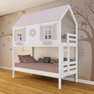 Imagem de Beliche Casinha Bela com Coração - Madeira Maciça Branco/Rosa  Megamob