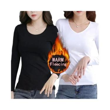 Imagem de Camisetas Térmicas Femininas de Lã - Manga Comprida, Gola Redonda, Cai
