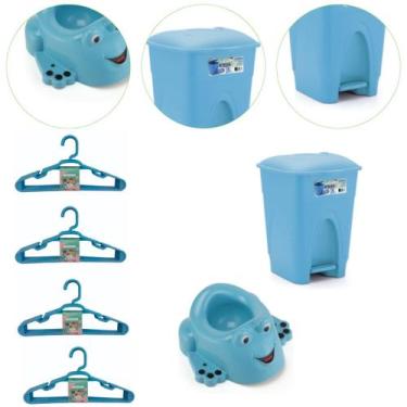 Imagem de Kit Bebê Troninho Lixeira Cesto 7,5L e 20 Cabides Cor Azul - injeplast