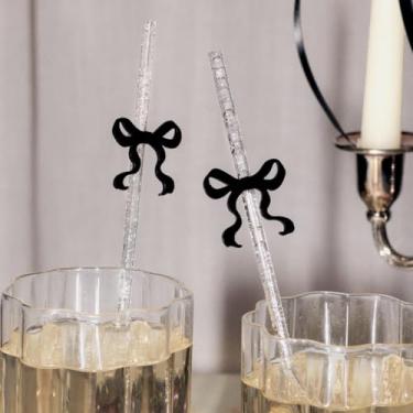 Imagem de xo, Fetti Canudos reutilizáveis de laço preto, 12 peças - plástico transparente com glitter | Decorações de bebida de aniversário, coquette, lembrancinha de festa de nó para amarrar o nó, decoração de