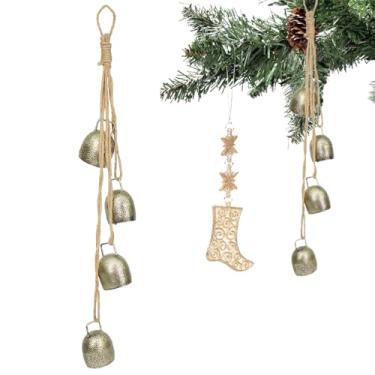 Imagem de Sino de decoração de metal com 4 sinos corda de pendurar de juta vintage decorativo sino de vaca para decoração de festa de guirlanda de árvore de Natal, sinos pendurados ao ar livre