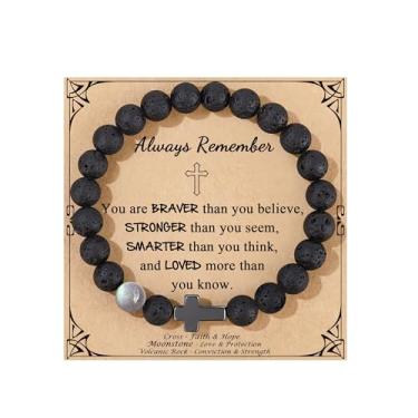 Imagem de JoycuFF Presentes cristãos para homens, pulseiras de pedra da lua, aniversário, Natal, Dia dos Namorados, Páscoa, batismo, presentes inspiradores para ele, filho, neto, pedra da lua, pedras vulcânicas