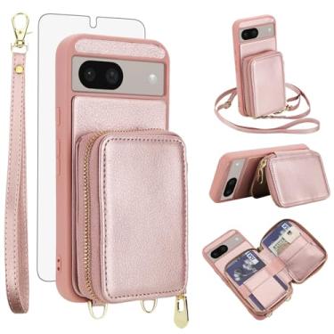 Imagem de Capa de celular para Google Pixel 8A 5G carteira celular com protetor de tela de vidro temperado alça transversal de pulso suporte de cordão com bloqueio de RFID compartimento para cartão de crédito