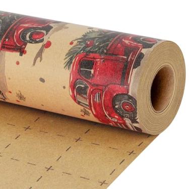 Imagem de LaRibbons Papel de embrulho de Natal vintage Kraft, papel de embrulho de presente com design de caminhão clássico para Natal, feriado, celebração de festa, 43 cm x 80 metros
