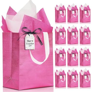 Imagem de KeerxunBag Pacote com 12 sacos de presente reutilizáveis com glitter rosa por - alças de 25 x 10 x 20 cm com papelão, fita, tecido rosa/branco e etiquetas para feriados/decoração