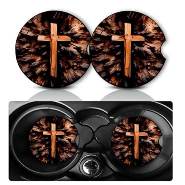 Imagem de Pacote com 2 porta-copos de carro cristão cruz bíblia 7 cm tapete de borracha antiderrapante universal presentes religiosos para mulheres homens neoprene carros porta-copos Jesus cruz acessórios para