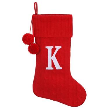 Imagem de Pxniy Meia de Natal personalizada de 48 cm - malha vermelha com monograma bordado e pompons, cabide de lareira familiar para decoração de férias, letra vermelha K