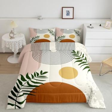 Imagem de Jogo de cama infantil Boho de meados do século, tamanho king, folhas verdes, todas as estações, arte minimalista, conjunto de edredom com linhas geométricas modernas, 2 fronhas
